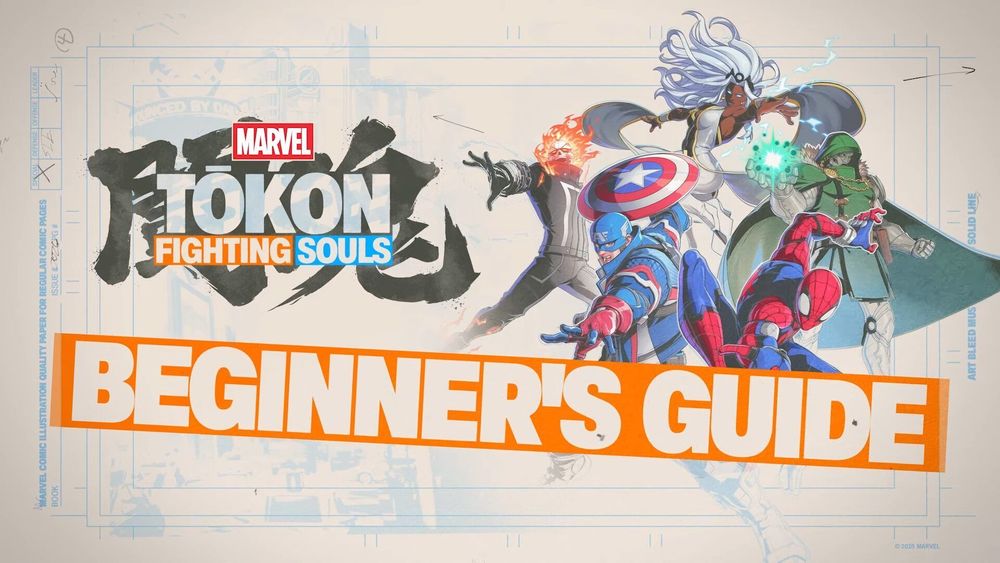 Thumbnail used for the Marvel Tokon beginner's guide. It features several Marvel characters posing with the Marvel Tokon logo posing on the side.