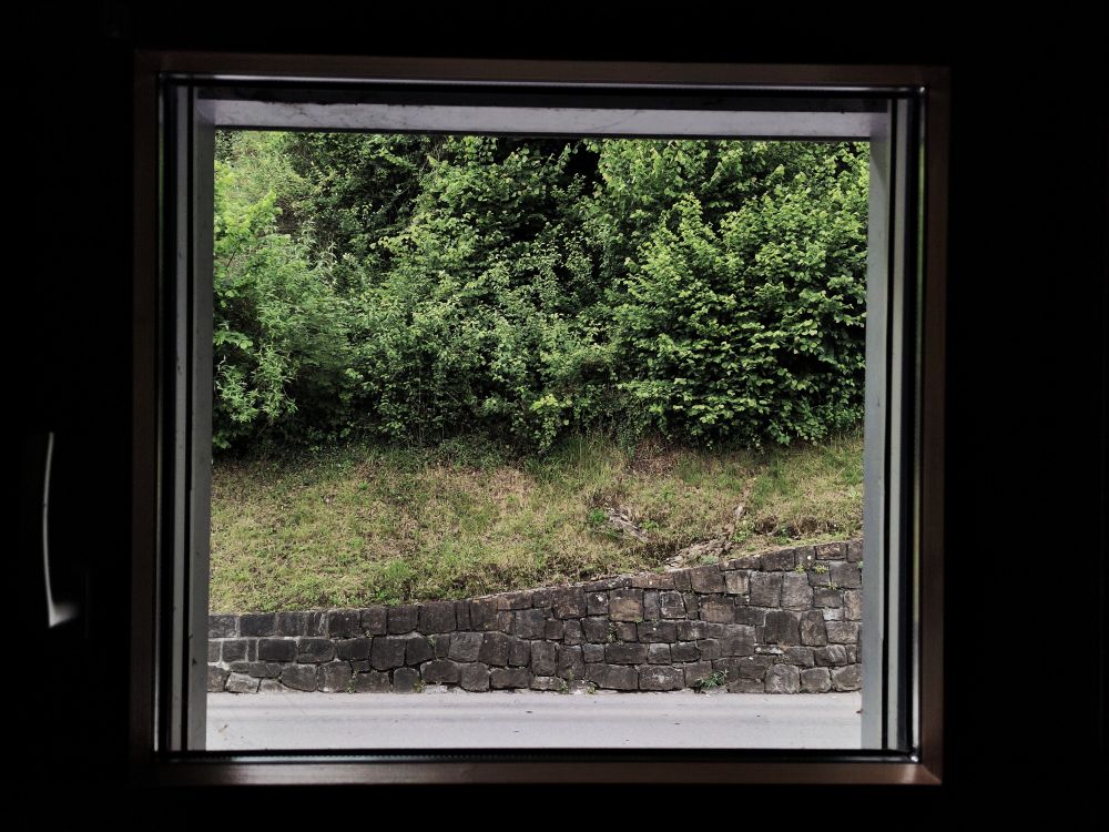 A view through a window onto a low brick wall extending into a steep hill lush with vegetation 