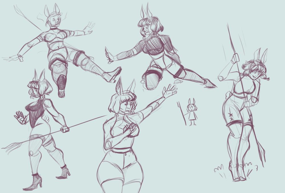 sketch page of a final fantasy 14 character wielding a spear.