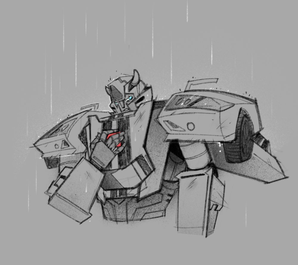 Transformers Earthsprk Bumblebee with his hand to his chest covering his Autobot brand. He is looks down at it with a pain on his face