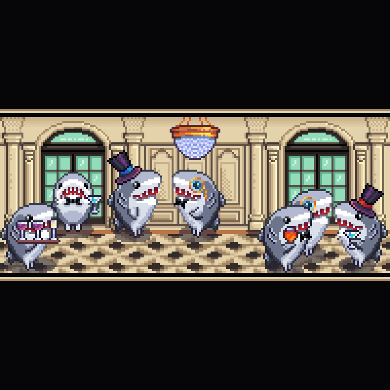 A group of celebrating Major General sharks in fancy clothes, inside an elegant hall.