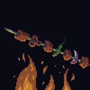 A pixel art skewer with meat and vegetables roasting over a fire