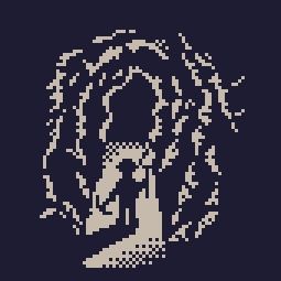 A 1-bit pixel scene of a man holding a torch that illuminates a cavern