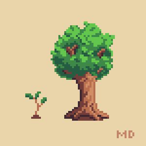 A pixel art sapling and full grown tree