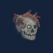 A skull with scraggly hair.