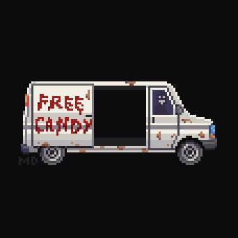 A white van with "free candy" in sloppy red paint