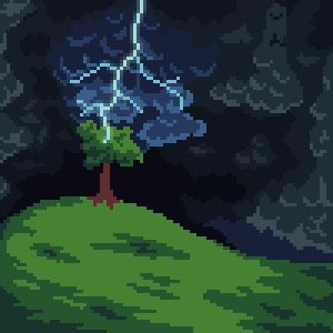 A pixel art scene of a lightning bolt striking a tree with a stormy backdrop.