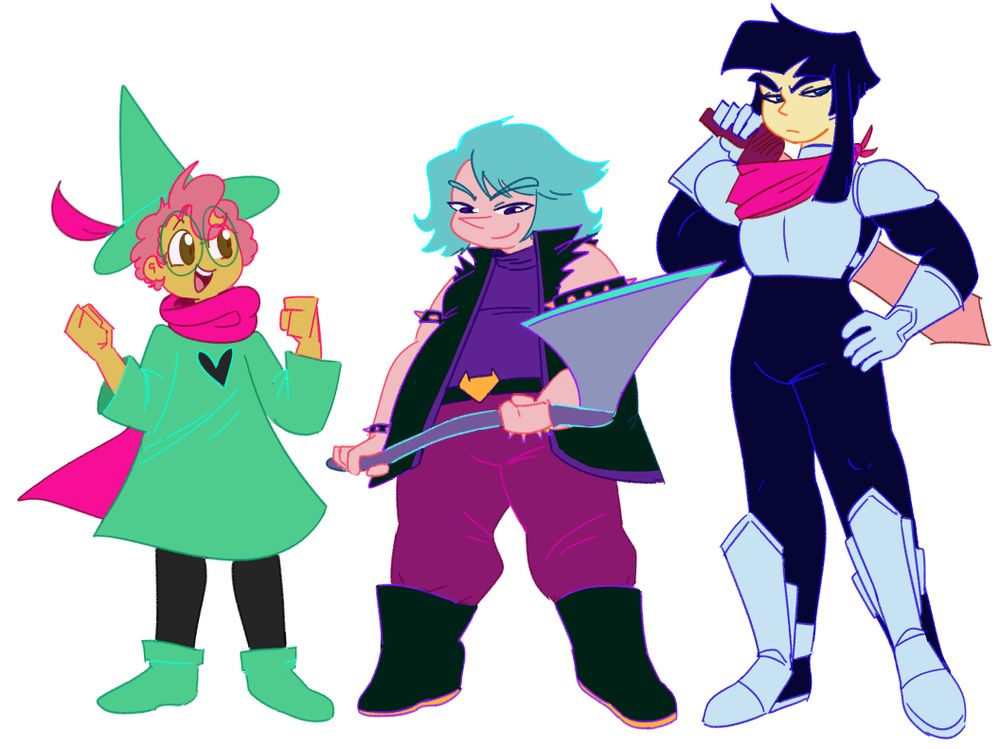 bard, miriam, and audrey dressed as ralsei, susie, and kris respectively