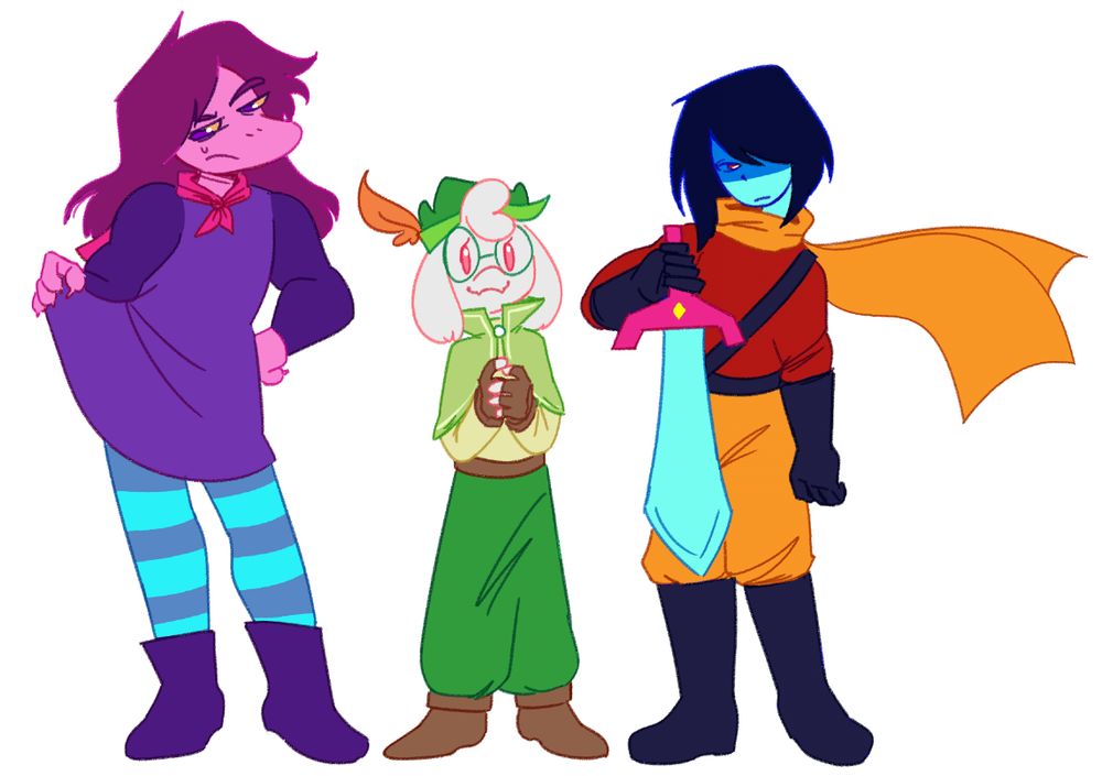 susie, ralsei, and kris dressed as miriam, bard, and audrey respectively