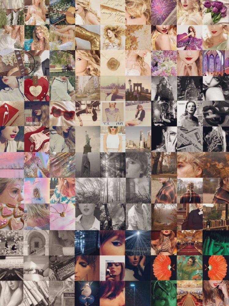 A collage of photos of every era of taylor swift’s discography. 