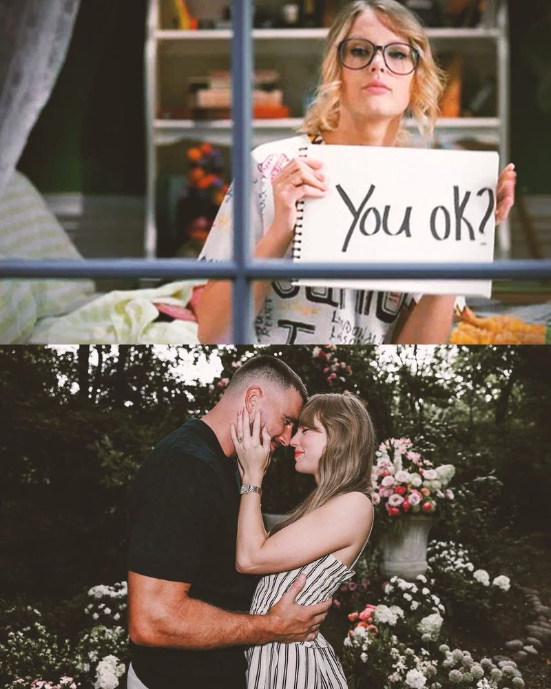 A photo of taylor swift holding a sign that says “you ok” and below that a picture of her and Travis Kelce from their engagement photos 