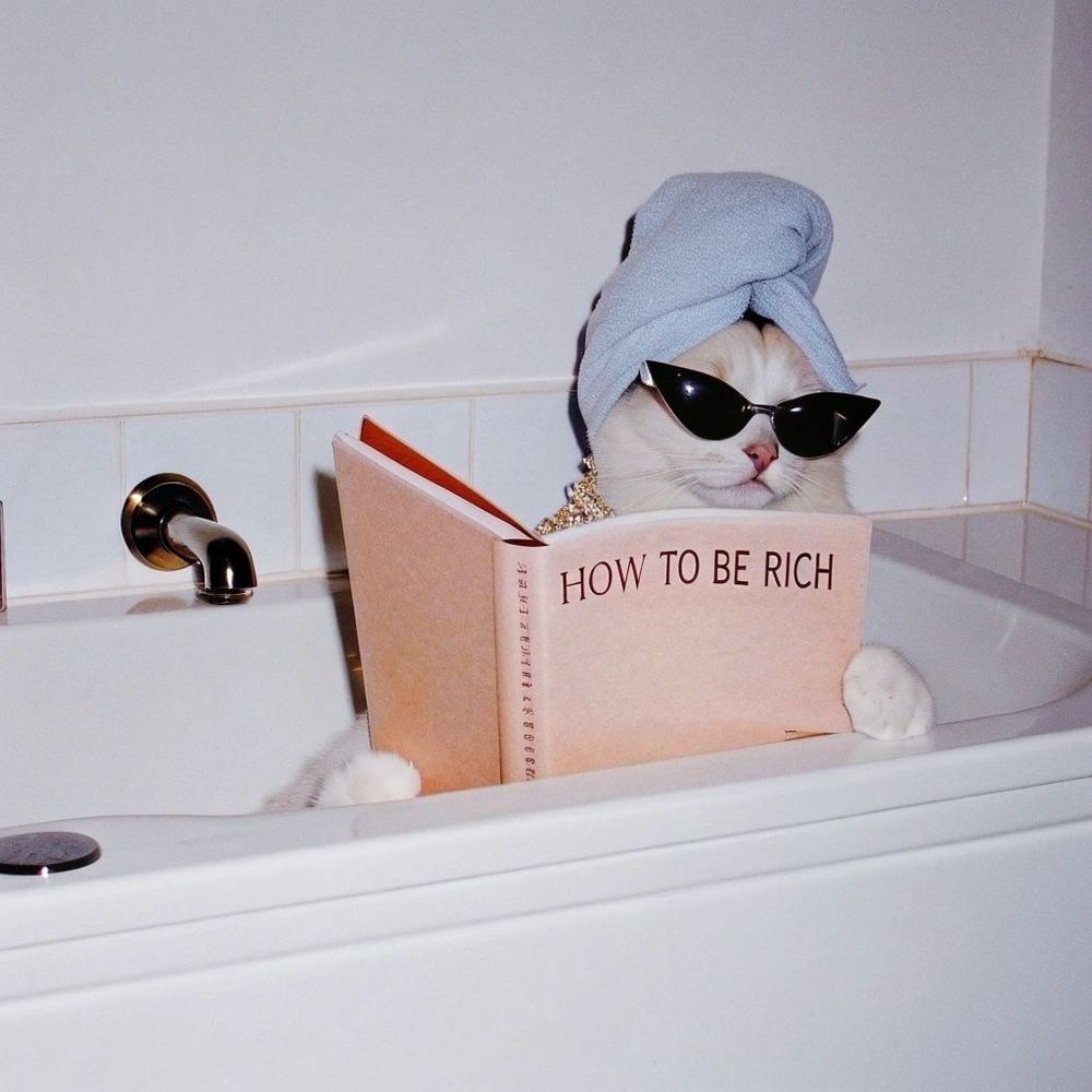 A cat in the bathtub reading a book called “how to be rich” wearing a blue towel on its head and black sunglasses