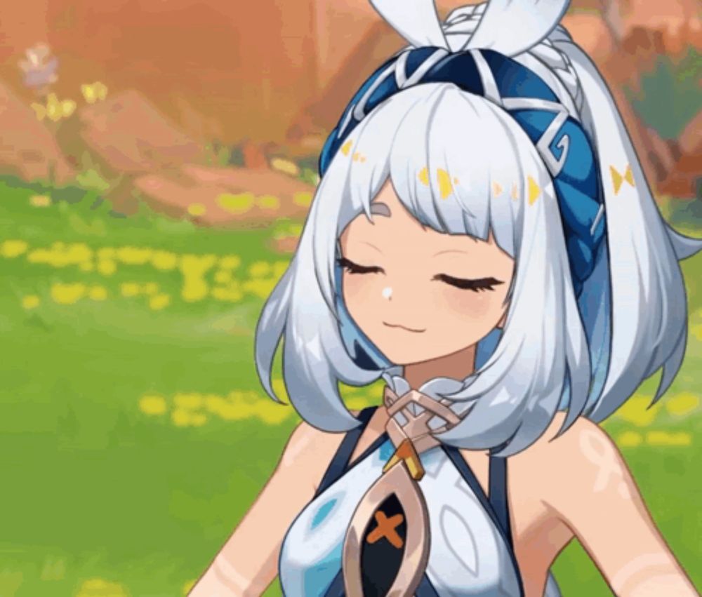 a girl with white hair and a blue headband has a cross on her neck