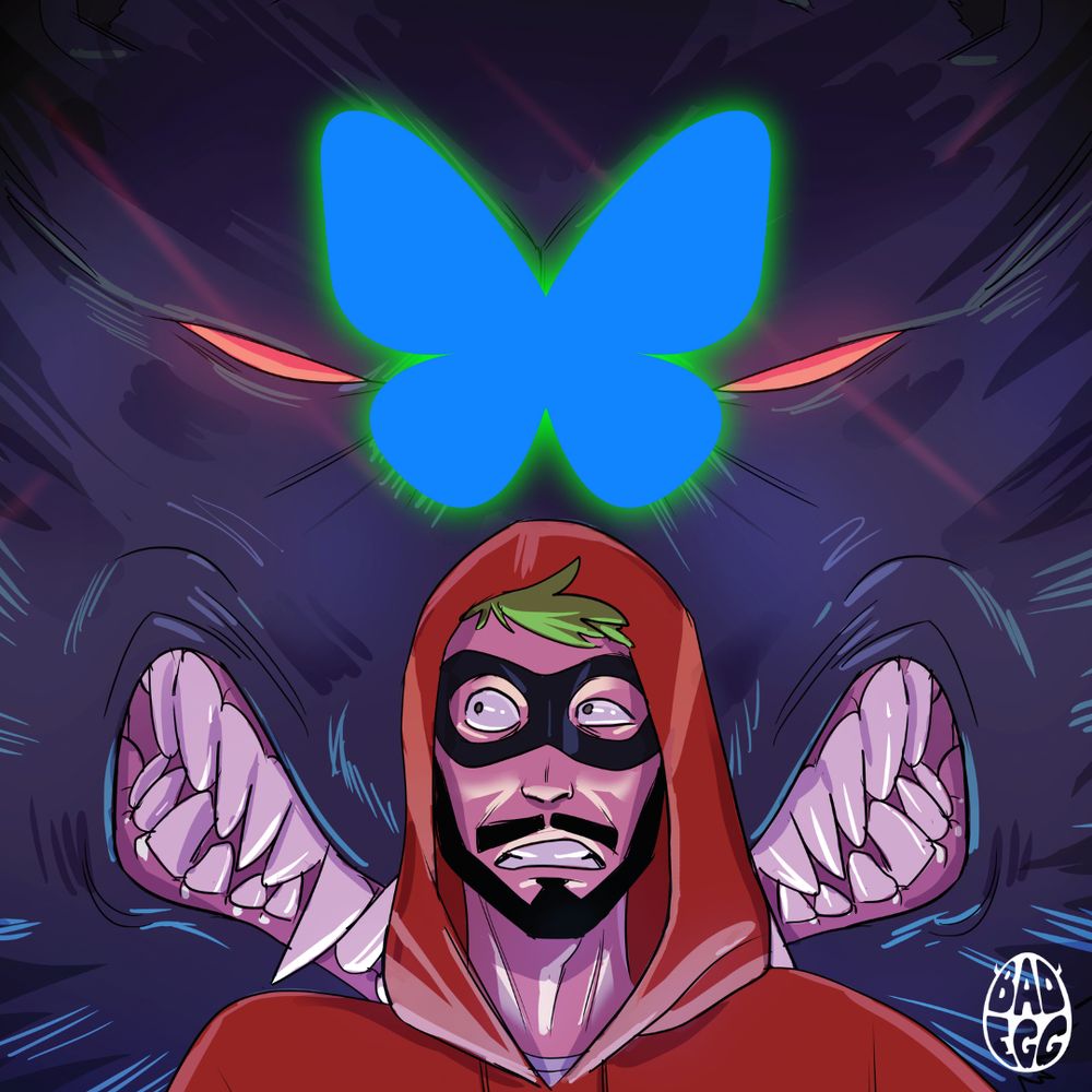 Our hero, Jackie-Boy Man, stands scared. Lurking behind him is a monster bearing the mark of a new social media platform. 

(Artwork from the cover of The Somewhat Incredible Jackie-Boy Man #2 by Megan Huang, with the Bluesky logo centered) 