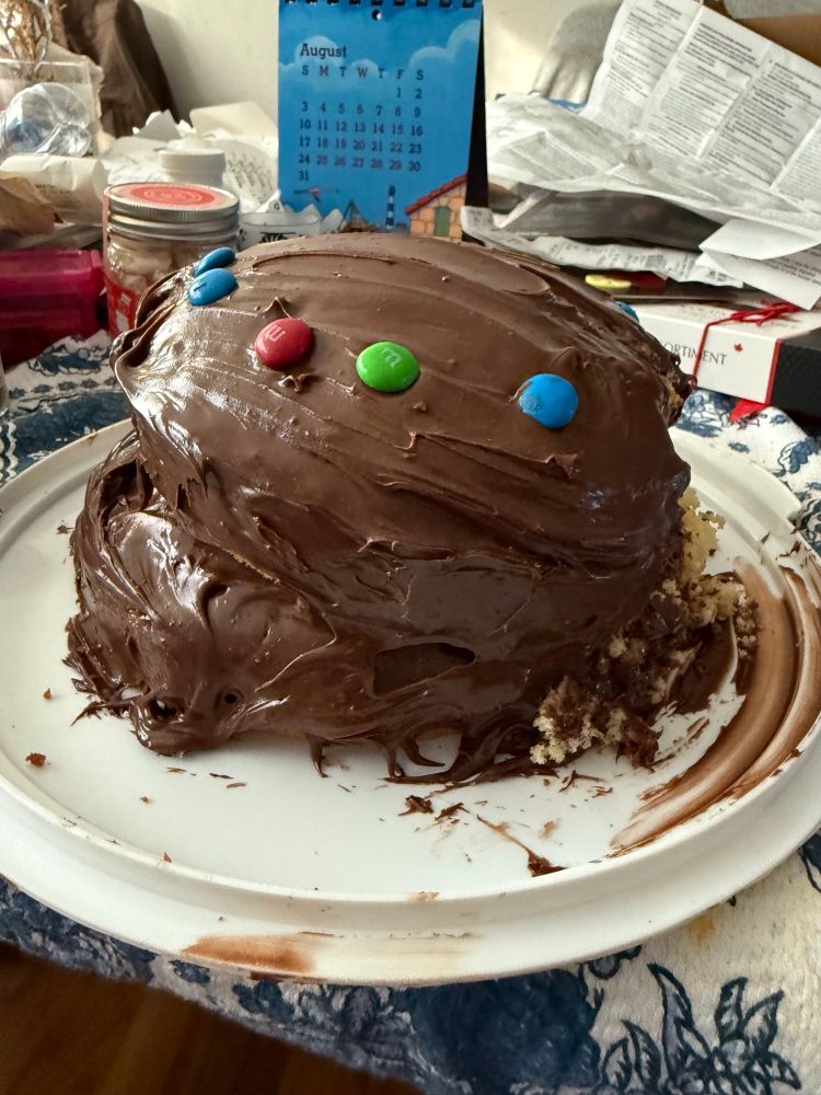 A homemade cake with chocolate frosting with M&Ms on top. The right side of the cake is flaking off.