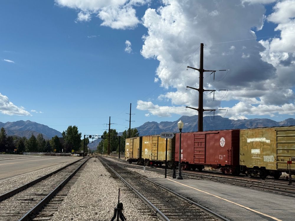 Photo of a number of different train cars including Santa Fe. They are on a long straight area of tracks stretching into the distance. Far away mountains are visible in the distant landscape.