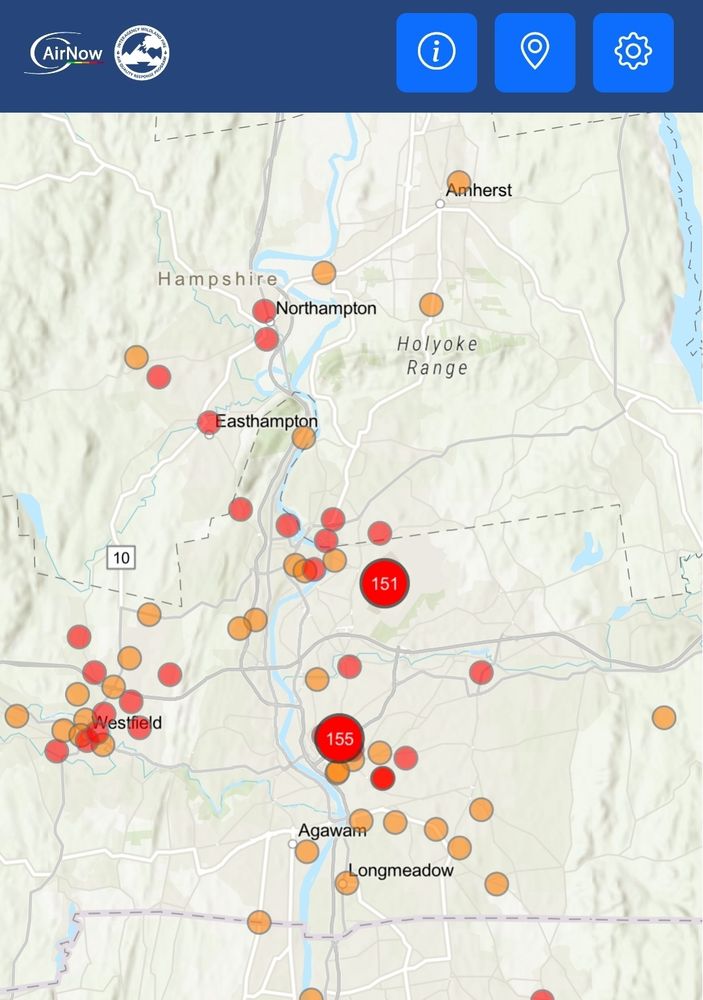 The AirNow gov data shows aqi above 150 at two sensors in hampden County Massachusetts
