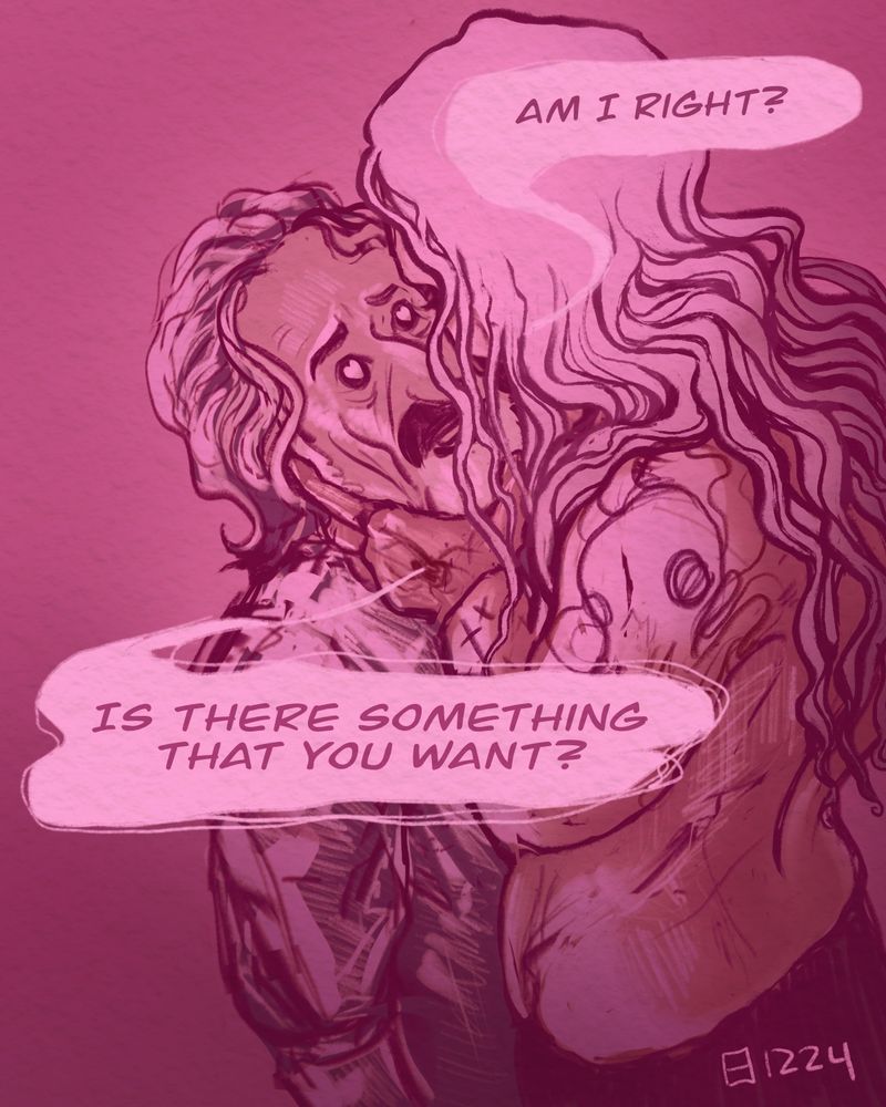 Pink sketch of Izzy looking up at Ed with heart eyes. Ed is cupping his face in one hand and saying "am I right? Is there something that you want?" Ed is shirtless Izzy is clothed 
