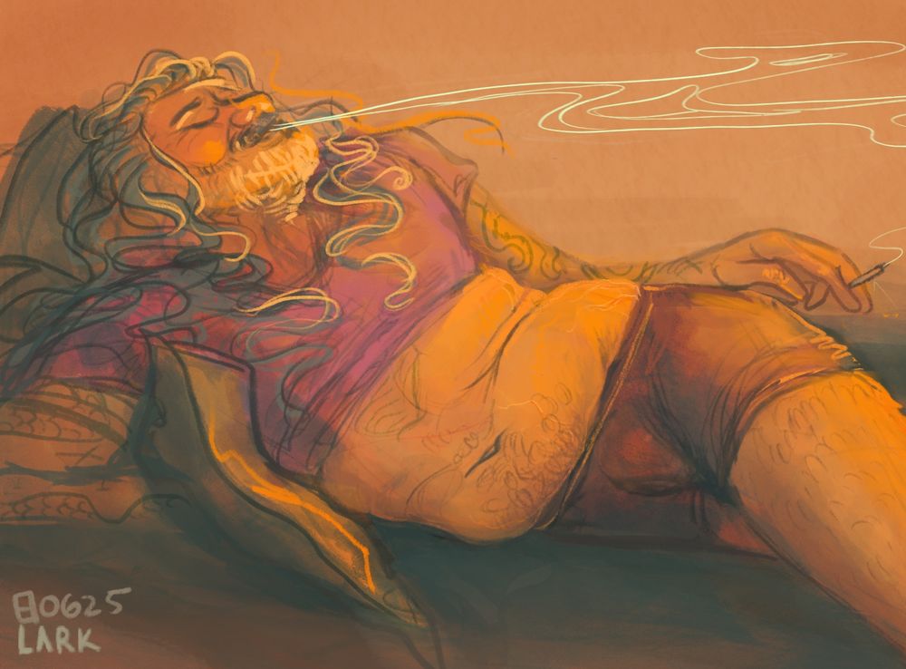 Beautiful stoner Ed leaning back on pillows blowing out smoke. He's holding a joint wearing a tight purple crop top and tight boxer briefs. His belly is plush and soft and spilling out onto the bed. He looks so content. 

Terms for search and muted words #ofmdart #edteach #ofmd weed smoking joint 