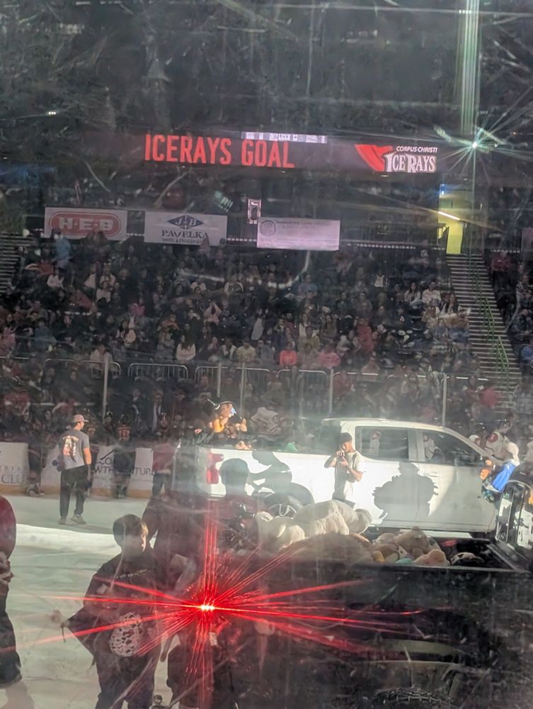 Two trucks with their beds full of, and getting filled with, stuffed animals