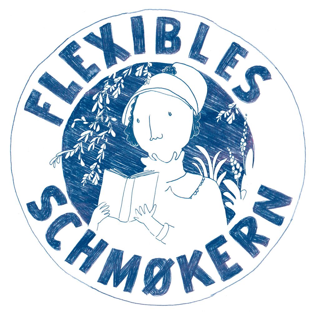 Handgezeichnetes Logo. Eine feine Dame in rüschigem Kleid und mit Hut liest in einem Buch. Sie ist umgeben von wuchernden Pflanzen. Kreisförmiger Schriftzug "Flexibles Schmökern". 