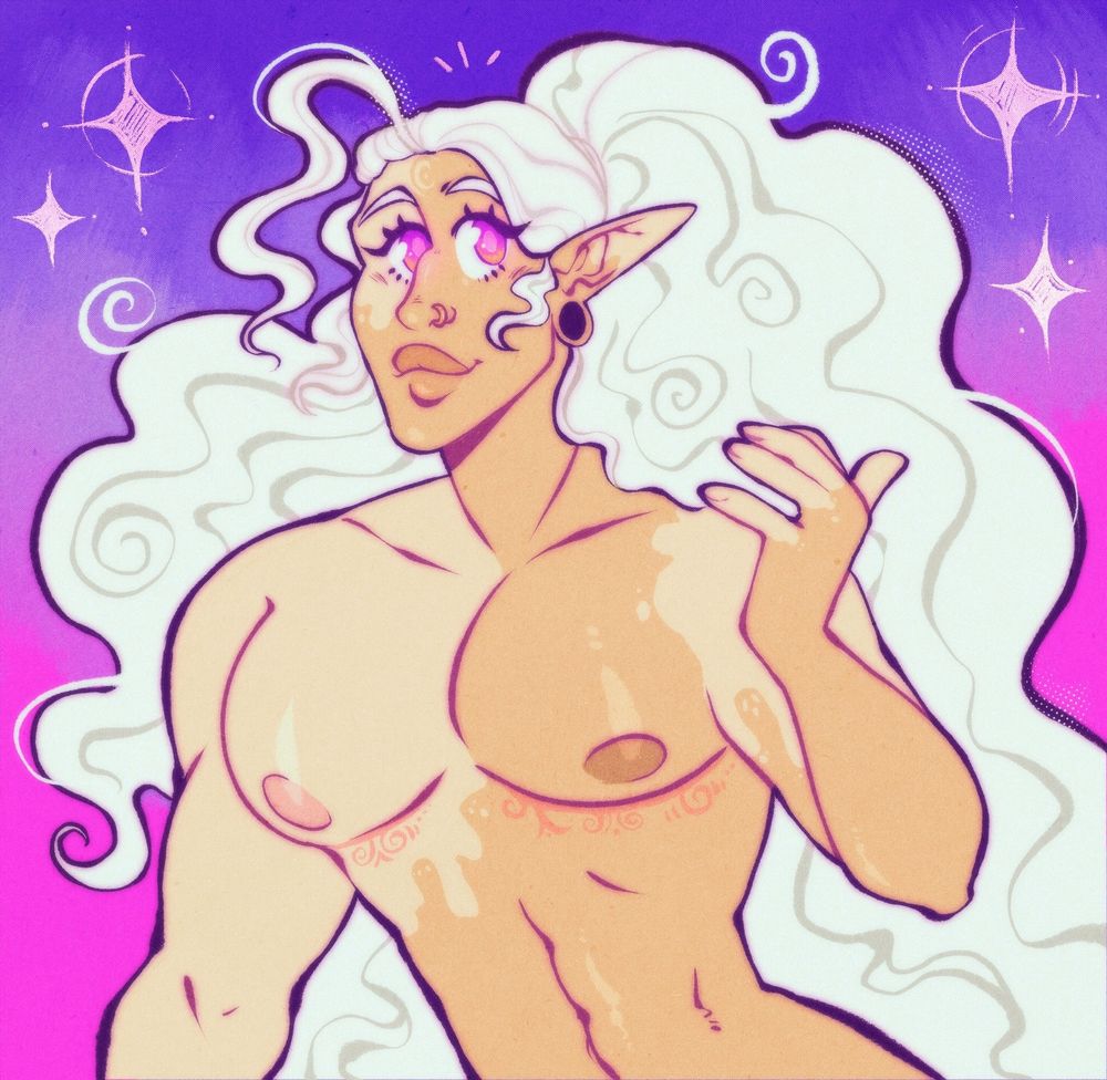 Illustrated picture of a non-binary elven character with vitiligo and fluffy white hair from the stomach up. They have decorative top surgery scars and orange and purple gradient eyes. The background is a gradient pink and purple with decorative white stars.