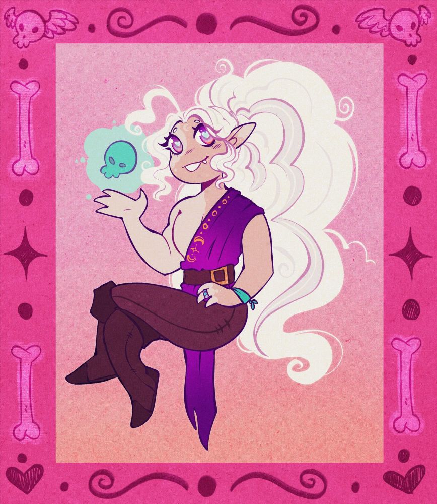 An illustration of a non-binary elven character wearing a purple shawl and brown leather pants and boots. They have fluffy white hair, gradient orange and purple eyes, and a soft smile on their face. They’re holding a teal skull in one hand. 

The background is pink and peach with decorative bones and stars around the border.