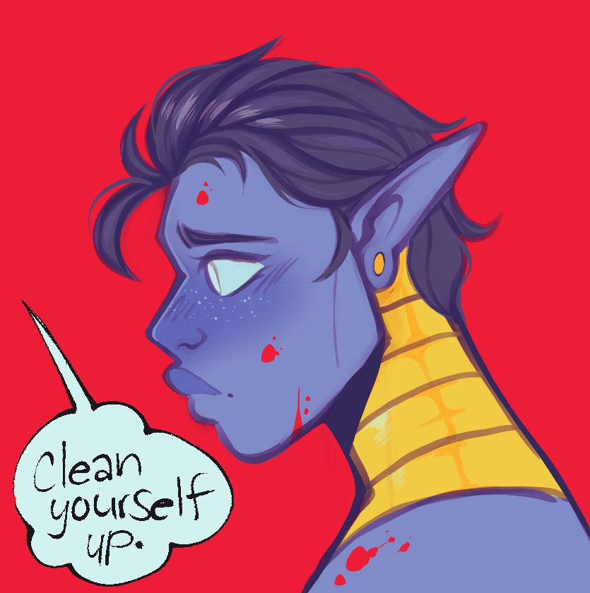 Drawn illustration of a blue elven looking man looking left, splattered with blood, and a voice offscreen saying “clean yourself up”