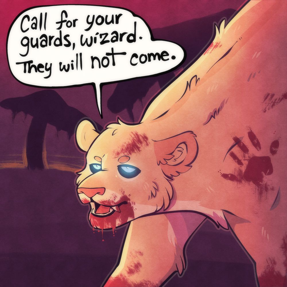 A large golden senche-raht Khajiit with glowing blue eyes stands covered in blood, unwounded, against a dark burgundy background filled with the Telvanni mushroom towers of Morrowind. A speech bubble above her reads “Call for your guards, wizard. They will not come.” as she is speaking to a magister off screen.