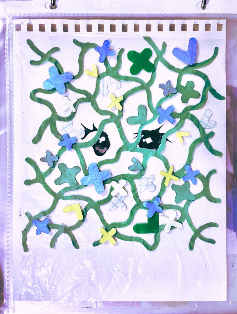 Mixed media sketch consisting of semi-abstract eyes layered under multiple transparency sheets containing paper cutouts of a lattice of vines and flowers