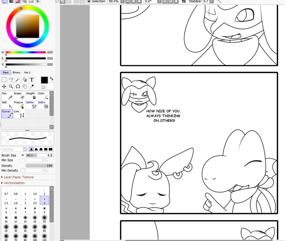 a work in progress (wip) drawing on its drawing program (sai2),  a comic page in the making, featuring a Riolu, pikachu and a Treecko (on screen)