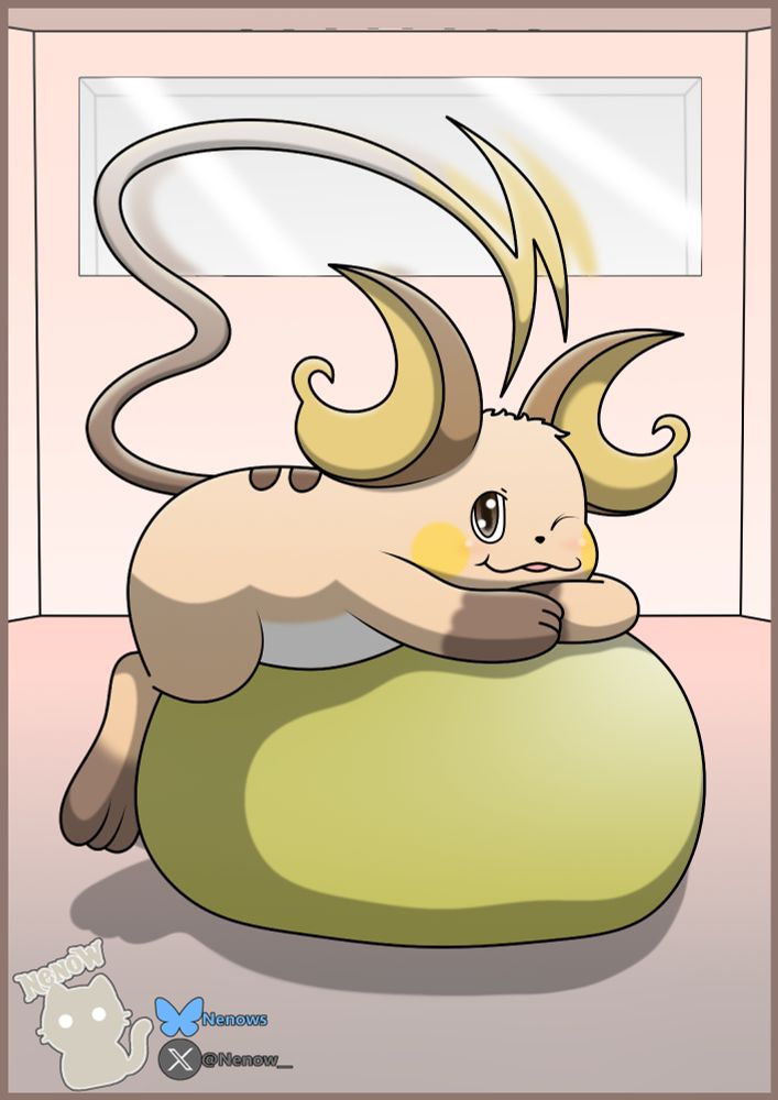a digital drawing with black BOLD linework of the pokemon Raichu resting on top of a exercise ball / big cushion, blinking while looking at us, is inside a empty room with a window/mirror in the background reflecting his tail.