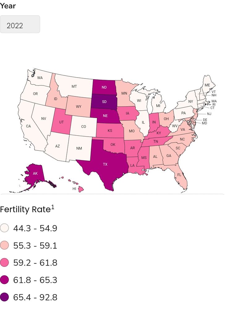 A map of the United States with states shaded by fertility rate. The states that jump out are all Great Plains and lower Mississippi River states - with the exception of Utah.