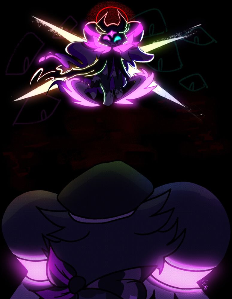 Yam'ato, a psychic/dark varient of Audino, metaphorically faces up against themself but mega evolved in a dark room.
In the darkness, there are eyes watching the Audino. There are also blood stains, representing the wrath of their Mega form.
