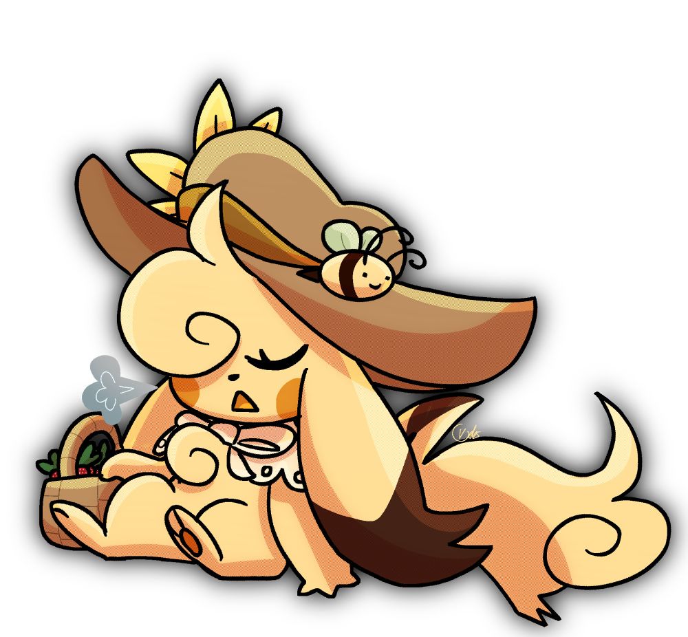 A pikachu with a sunhat sitting down after a long day of work.