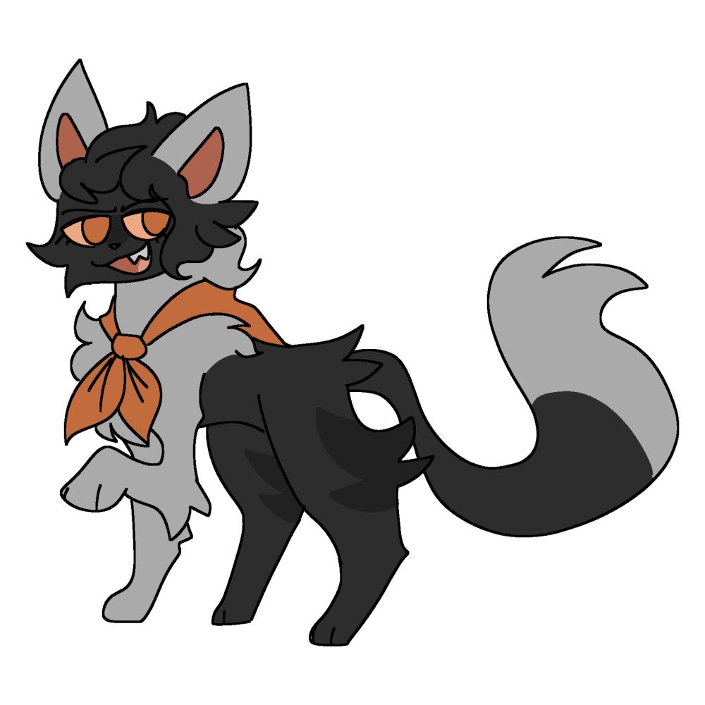 Eimen as a grey and black reverse-pants cat, wearing an orange scarf.
His name is Mandarin, a loner and a city cat.