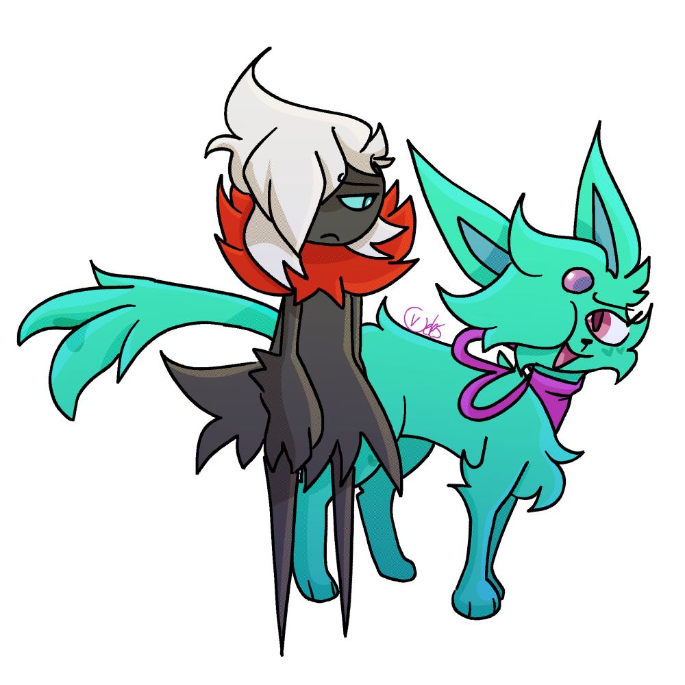 A darkrai and an espeon character side by side.