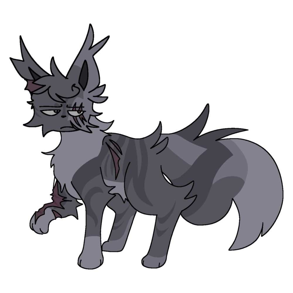 Language as a grey tabby cat.
His name is Crowtongue, a mostly scarred up warrior who experienced death, but came back after Starclan helped him.