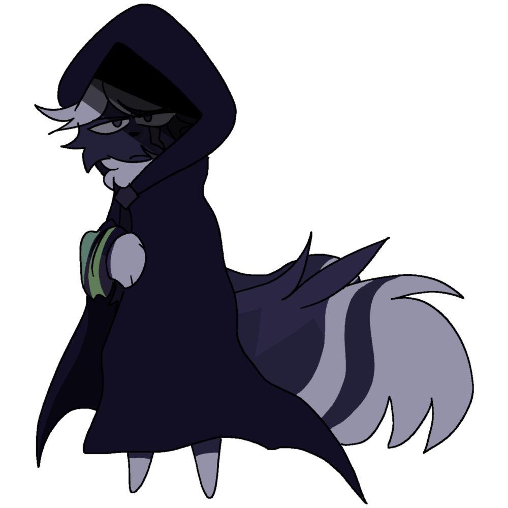 Language. A dark furred Meowstic in a cloak, he has scars on his face and a striped scarf wrapped around his arm.