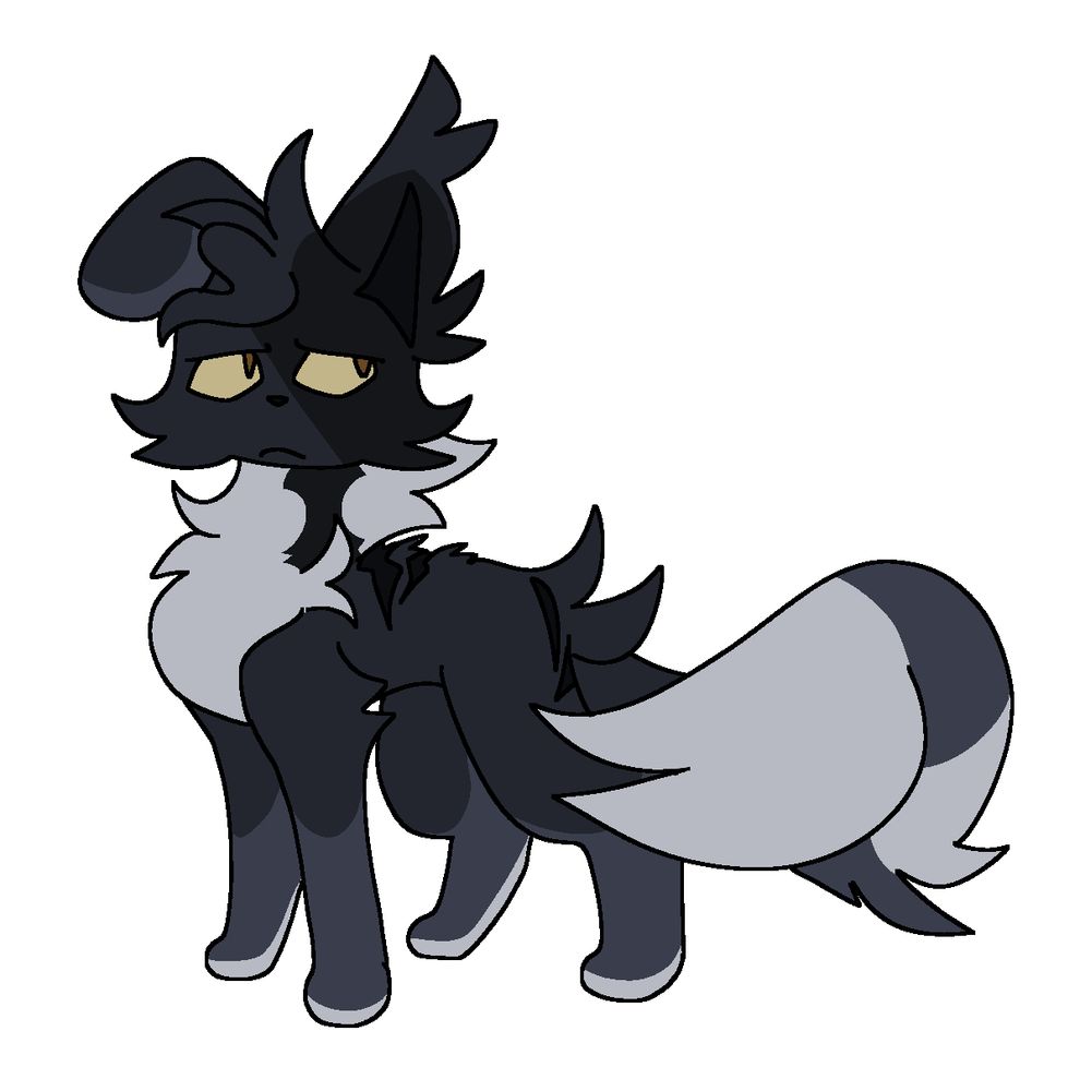 Micah but as a black and white tuxedo-esque cat. His tail is crooked, and he has a floppy ear.
His name here is Anchovy, a mediator who keeps his original loner name.