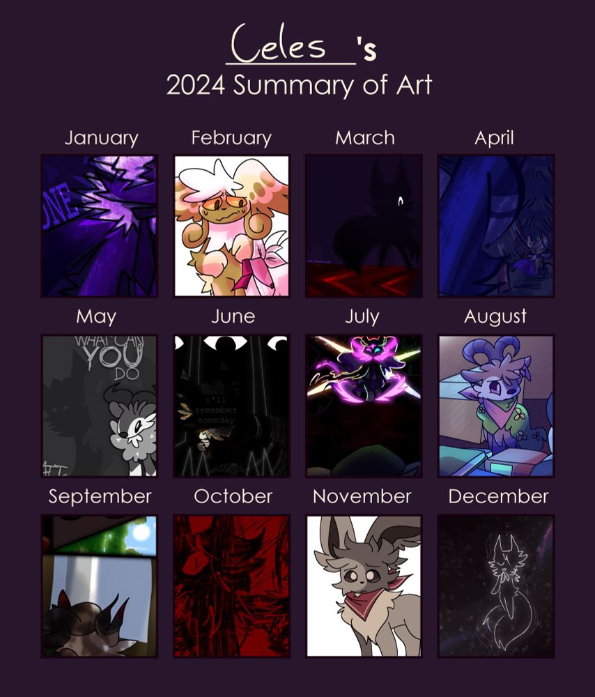 12 boxes showcasing art I've completed over the year. All of them depict Pokemon, shocker!