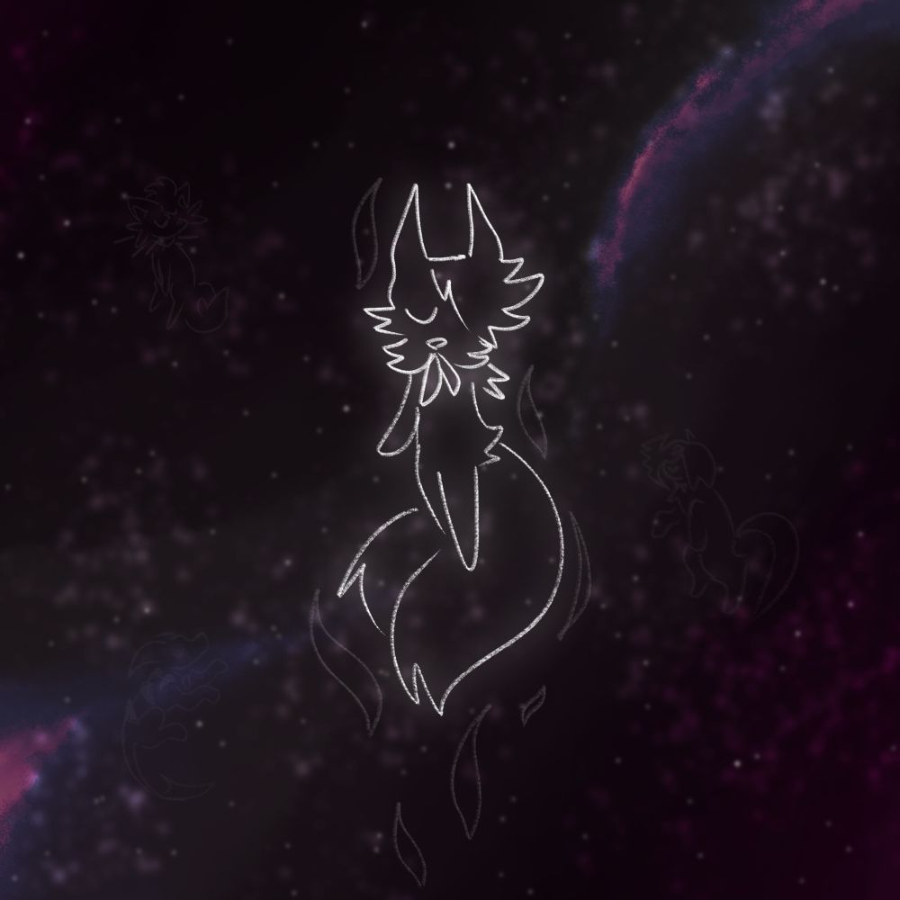 A white silhouette of a Meowstic (Eimen) with a scarf in the night sky / space.
There are faint doodles of a Houndoom, an Absol and a Zorua.
