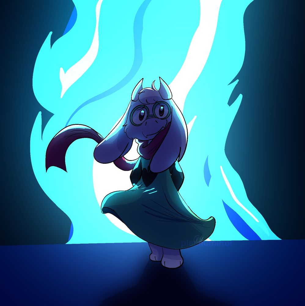 Ralsei, from Deltarune, in front of a flowing dark fountain.