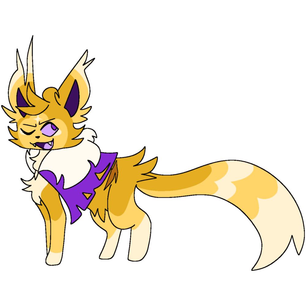 Coast as a golden cat with a raggedy purple cape.
His name is Goldenstride, an exiled warrior who now lurks the clan territories as a rogue after attempting to overthrow the leader.