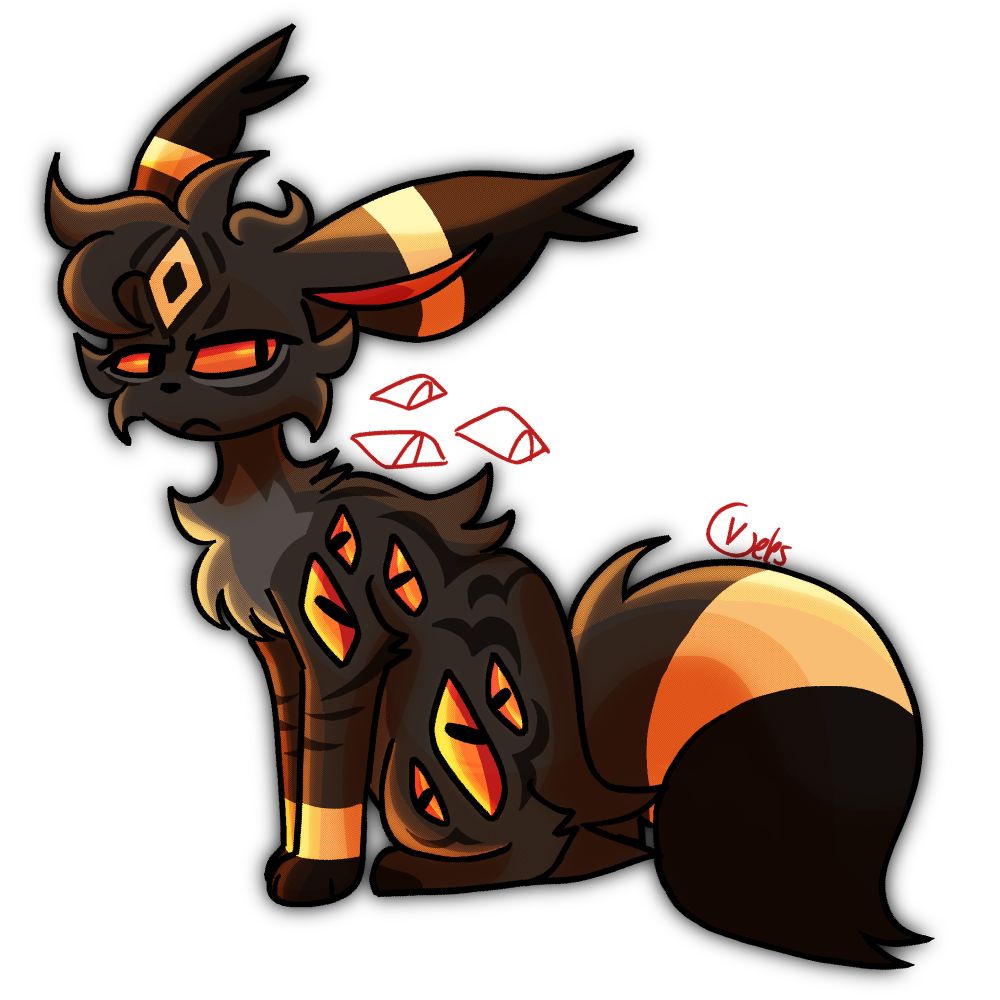 An umbreon with eye shaped markings sitting down with a scowling expression.