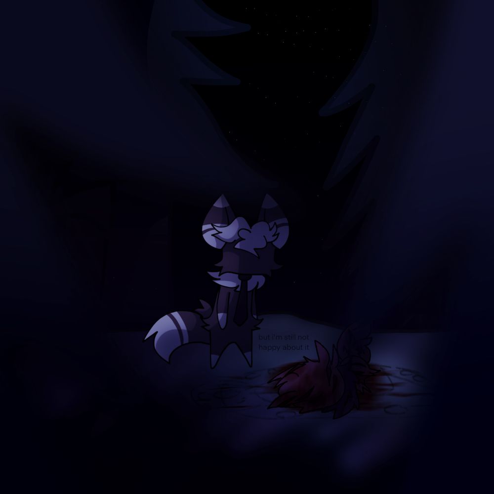 A purple meowstic wearing a tie with no face, Micah, in a pine forest late at night.
He hovers a little bit away from what appears to be the corpse of a Pokemon, bloodied and beaten up.
There is a symbol underneath the corpse, it seems to be drawn into the grass.

There is small text that says "but i'm not happy about it"