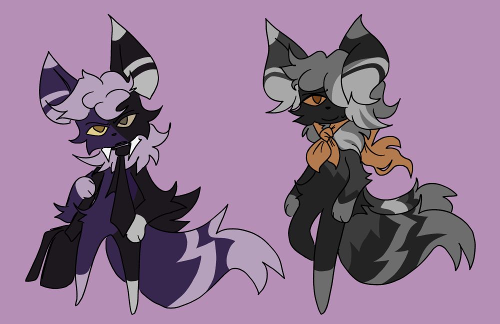 Micah is the purple Meowstic with a tie and satchel. He has been edited to have black patches on one half.

Eimen is the dark Meowstic with orange eyes and scarf. He has been edited to have more varied colored patched and longer fur.
