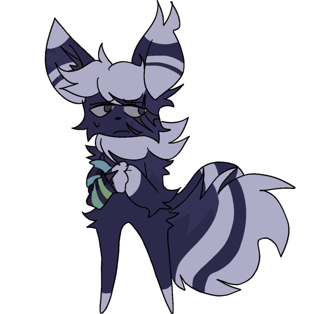Also Language, a dark furred Meowstic with scars on his face and arm, patches of duller fur and a striped scarf on his arm covering a larger scar.
