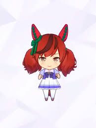chibi of uma character nice nature a redd-ish brown coloured hair with green and red ear caps wearing a school uniform and shes chibi size and jamming to capable of love