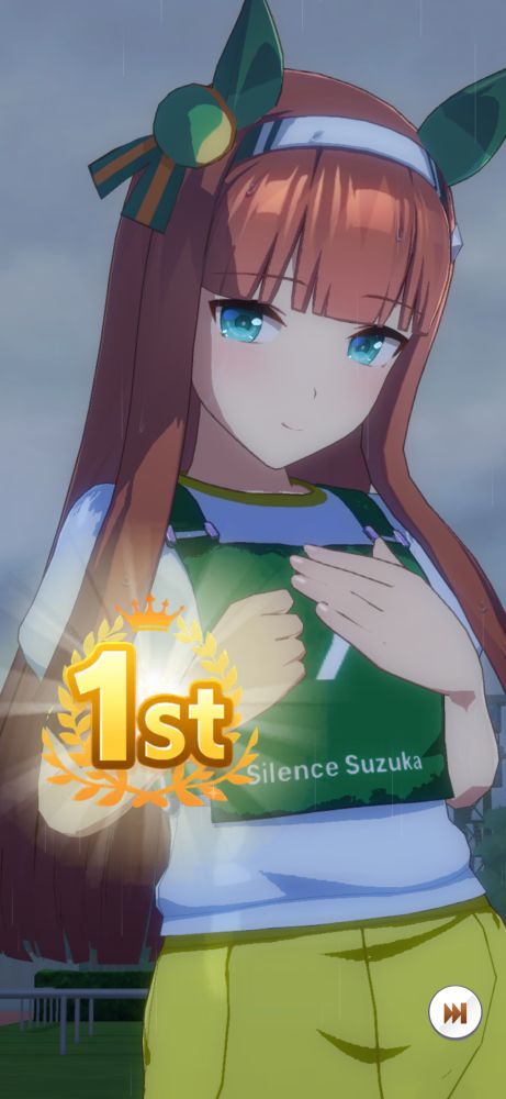 Umamusume screenshot of the character Silence Suzuka looking happily at the camera with her hands on her chest with a 1st place celebration UI 
